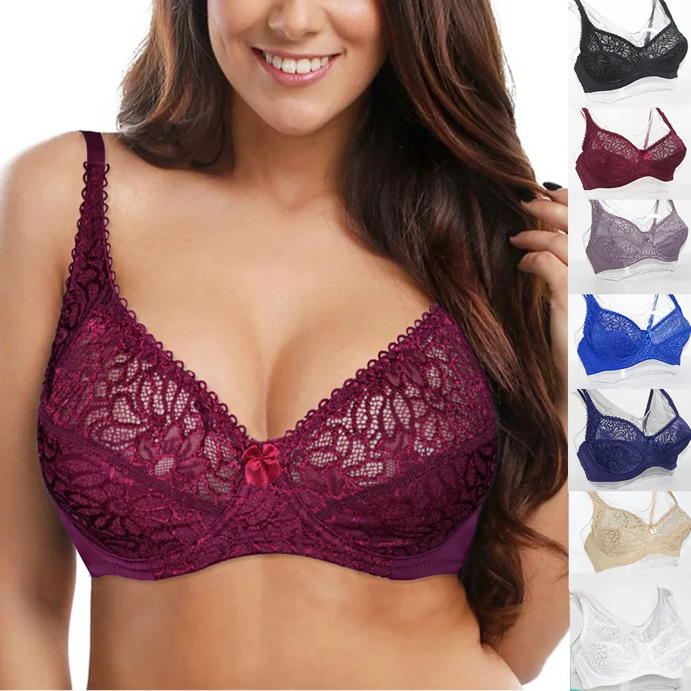 Womens Lace Bra Large Cup Plus Size Underwear Perspective Sexy Lingerie Tops Underwire Brassiere B C D DD E F