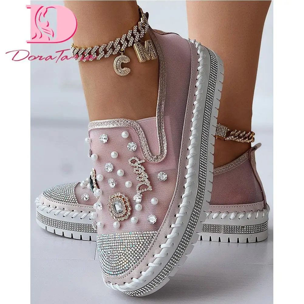 Big Size 43 Brand New Ladies Platform Loafers Fashion Rhinestonen Pearl Solid women's Sneakers Casual Spring Autumn Women Shoes