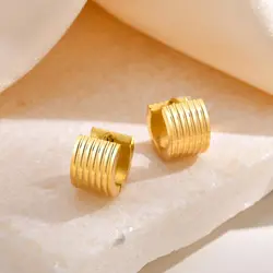 Ribbed Hoop Earrings,Striped Circle Hoop Huggies Earrings for Women,Gold Plated Stainless Steel Chunky Jewelry