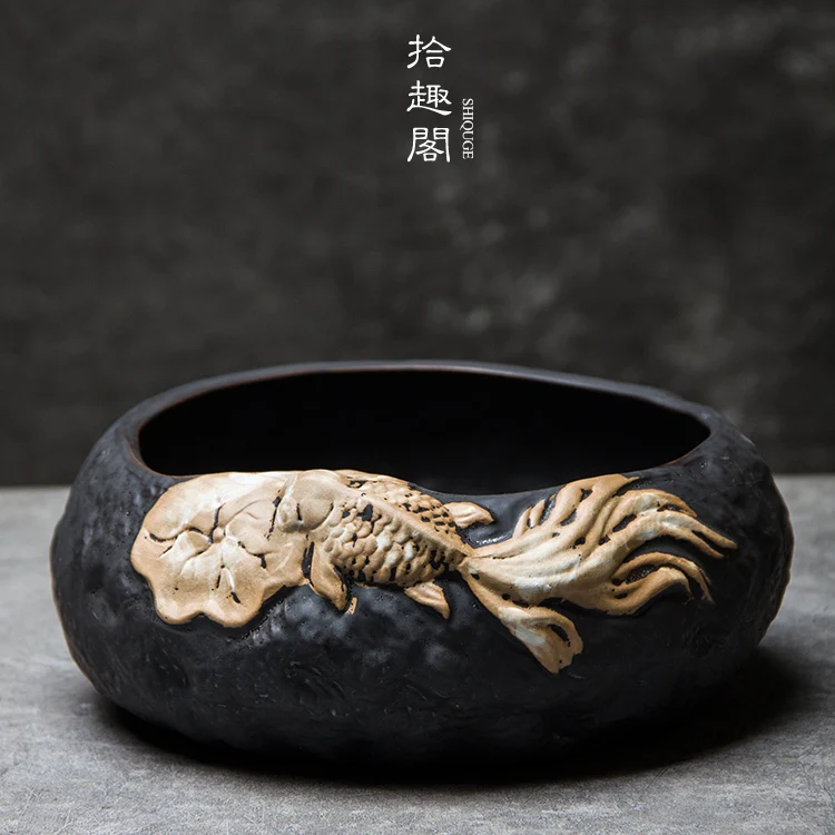 Handmade Rough Pottery Tea, Slag Washing Bucket, Chinese Ceramic Cup, Lotus Leaf, Goldfish Relief, Black Wer Pot, Pen Wash,