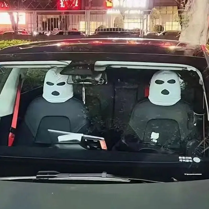 2pcs Spoof Car Seat Cover Masked Person Knitted Headgear Headrest Cover Decoration Car Anti-theft Warning Universal Decoration