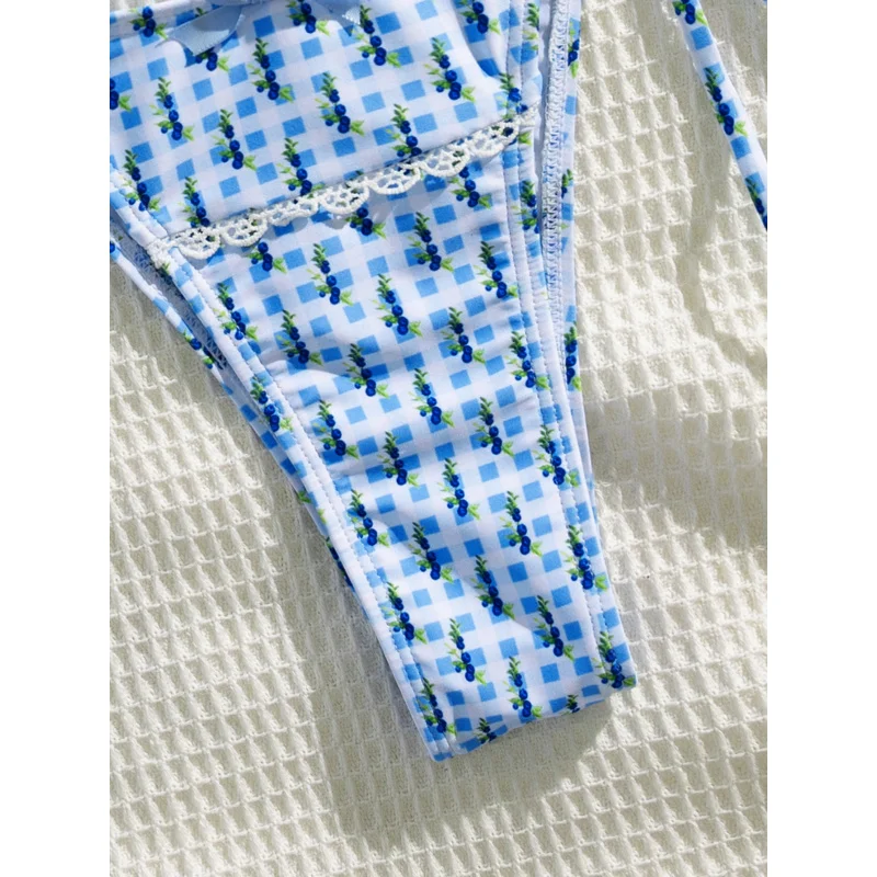 جديد لينة حقيبة مطبوعة الدانتيل تقليم القوس الديكور رقيقة حزام الرسن التعادل عارية الذراعين حزب بيكيني مجموعة