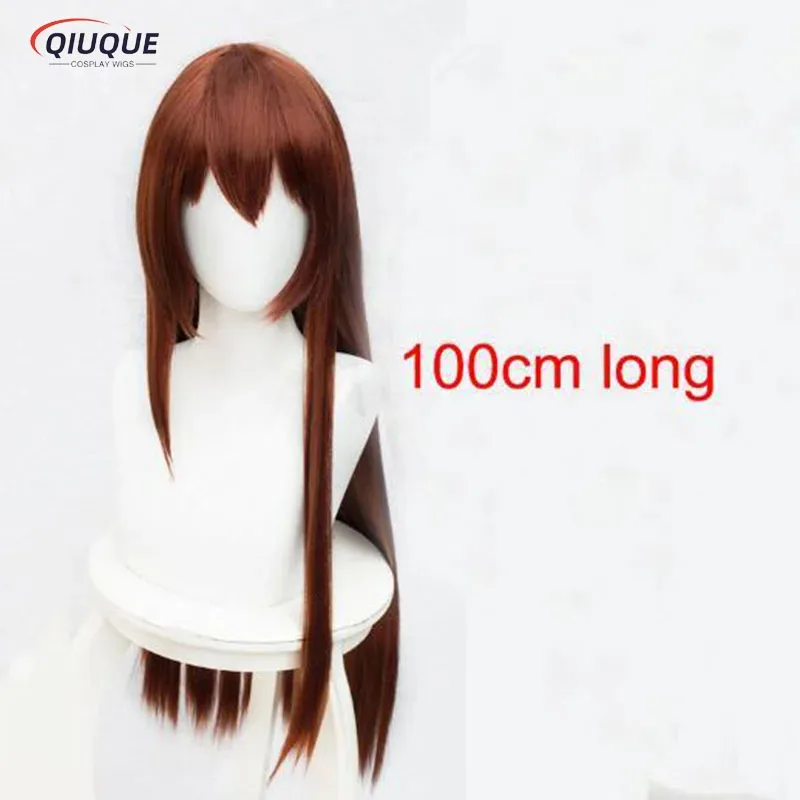 LQ80cm 100cm Long Straight Copper Red Steins Gate Makise Kurisu Christina Heat Resistant Hair Cosplay Costume Wig + Free Wig Cap