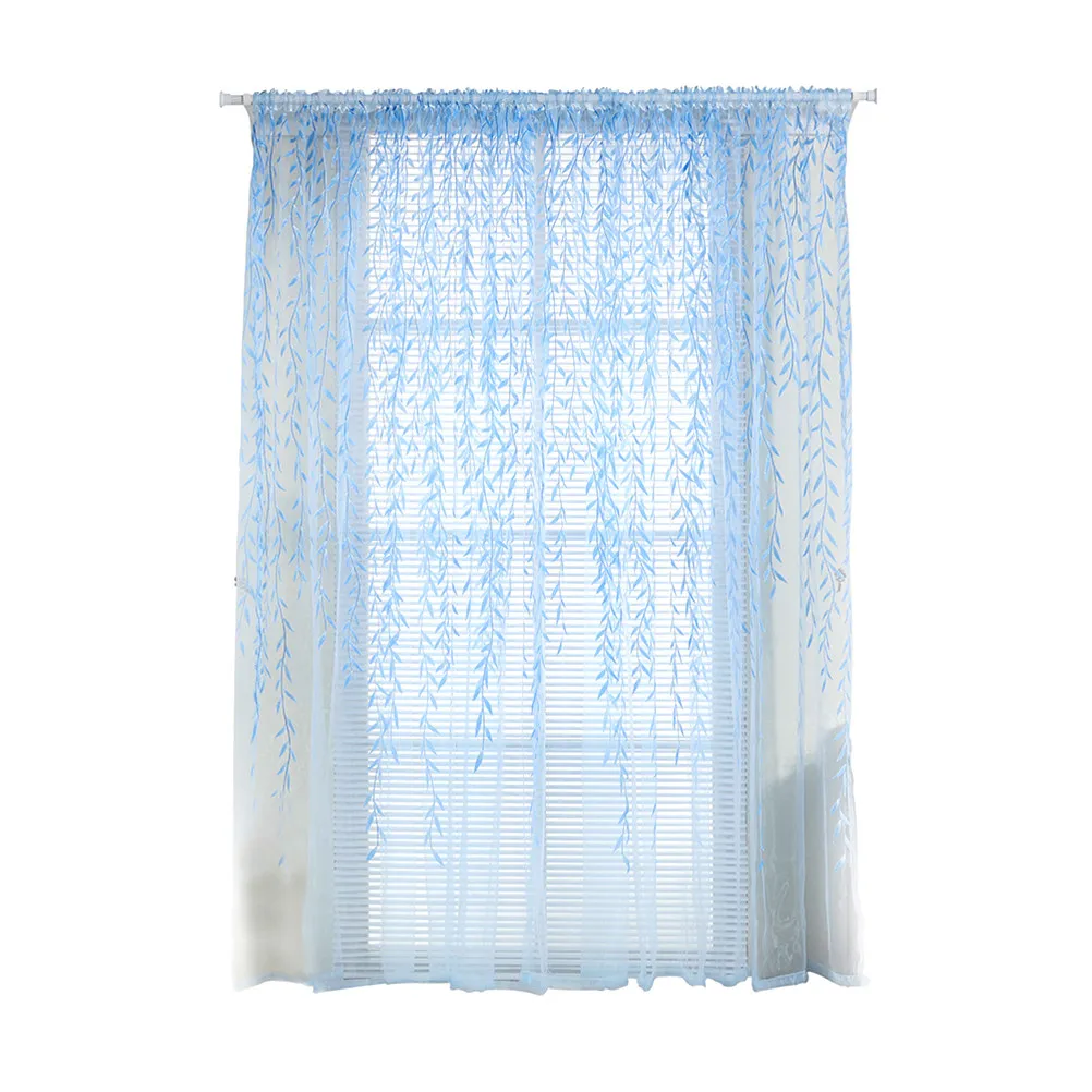 Cortina transparente con estampado de hojas de sauce, 100x200 cm, azul, tul de primera calidad para dormitorio, sala de estar, cocina