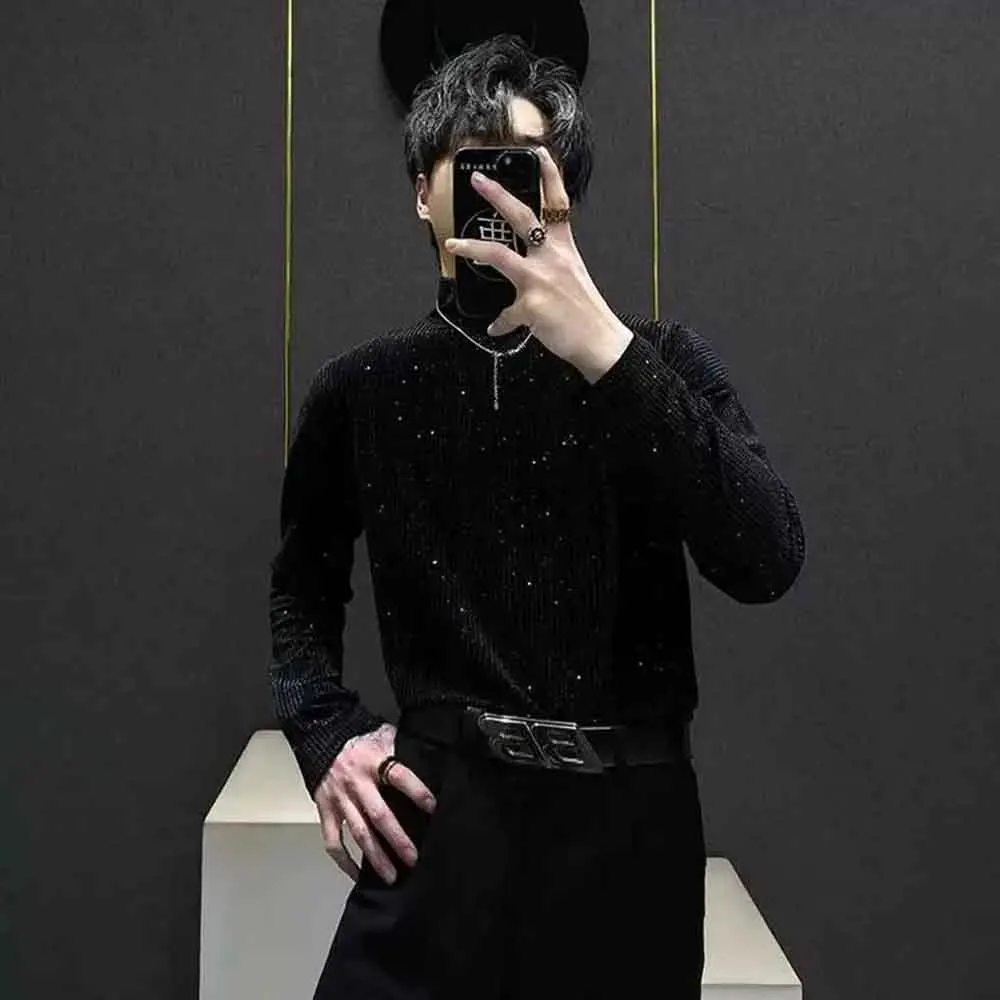 

Мужская осенняя футболка со звездным небом и блестками, повседневная футболка для ночного клуба, сценического выступления, модный топ с длинными рукавами, мужская одежда, новинка 2023 г.