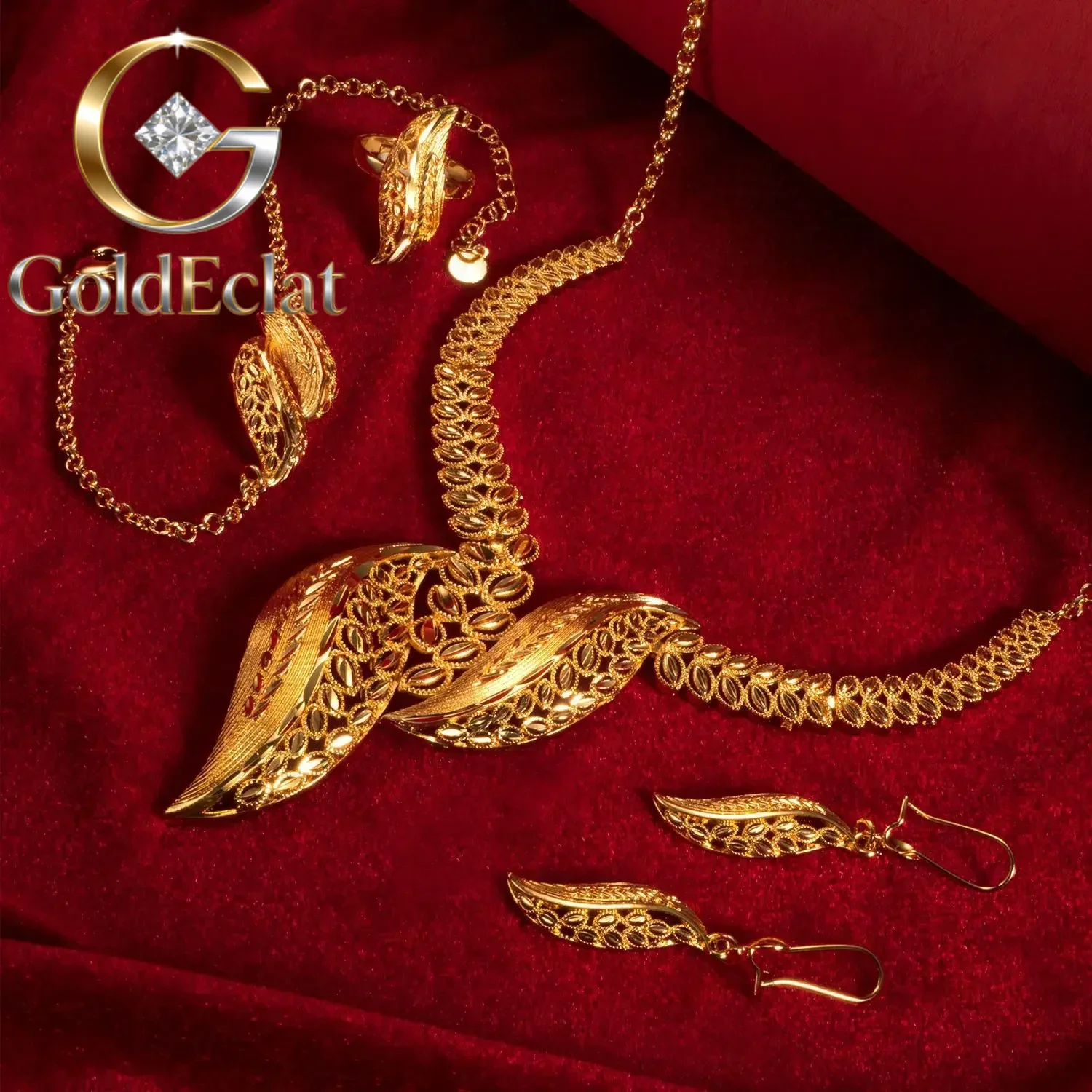 

Ювелирный набор GoldEclat 24k: колье, серьги, кольцо, украшения для рук, 9999 пробы, 24K, настоящее золото, Ближний Восток, Дубай, африканский стиль, этнический комплект из четырех предметов для невесты.