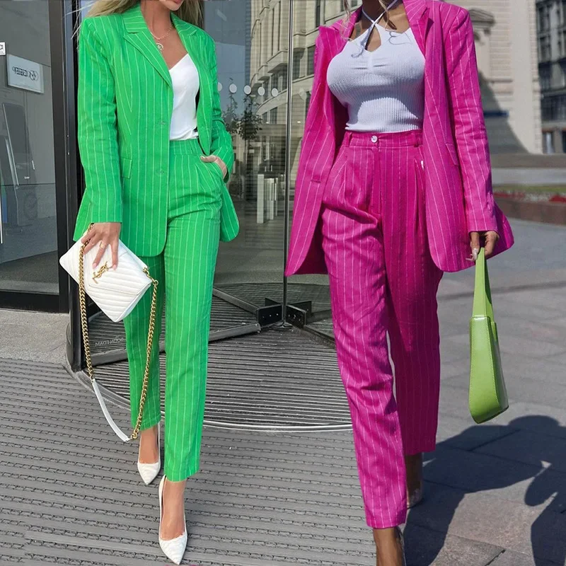 

Autumn Winter Elegant Women Two Piece Set Office Lady Y2K Clothes Stripe Long Sleeve Lapel Blazer Jacket Coat Pants Suit Outfits