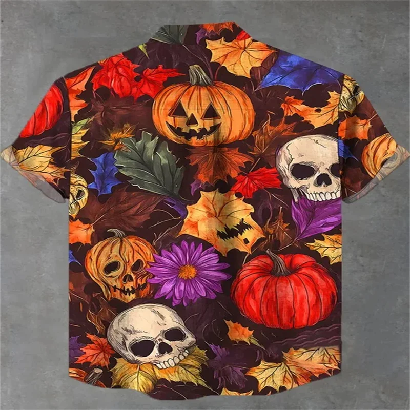 2026 Bamboo and Hemp Halloween Ghost Skull Printed Men's Button Pocket Shirt Pumpkin Printed Men's Stand up Collar Shirt