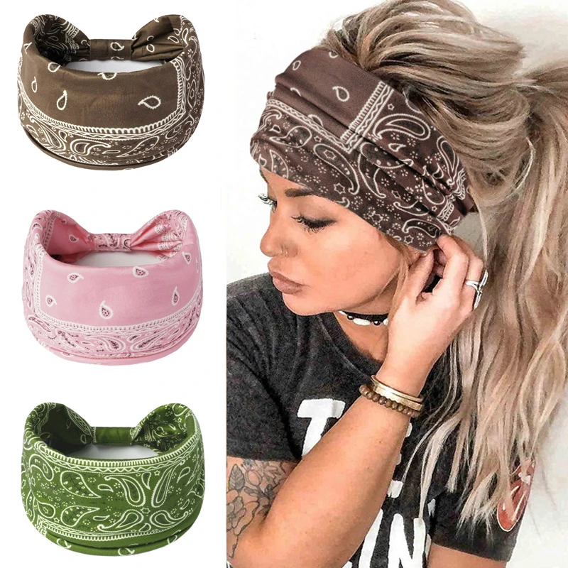 Boho Knot Turbans Yoga Elastic Head Wrap Women Headband Wide Hairbands Headwear Printed Bandanas Fashion Hair Band Accessories