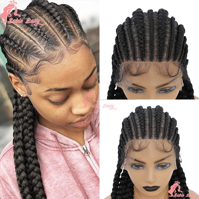 36 "Wig Renda Kepang Cornrow Wig Kepang Depan Renda Sintetis untuk Wanita Kulit Hitam Wig Kepang Kotak Tanpa Simpul Rambut Afrika Kepang