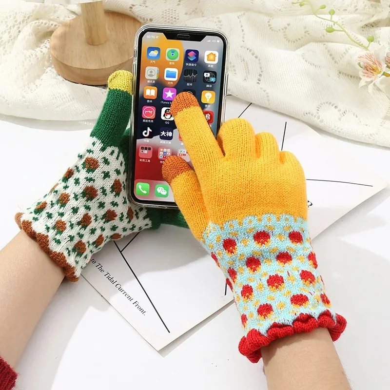 Retro Flower Winter Gloves Women Girl Thermal Wool Knit Gloves Touch Screen Warm Mittens Cycling Skiing Windproof Hand Warmer