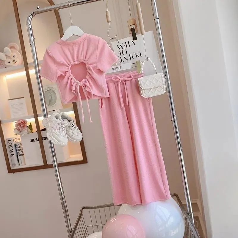 Summer Girls Short-Sleeved Top Set Children's Thin T-Shirt Casual Wide-Legged Pants Two-Piece New Kids Sweet Fashion Suit 4-12Y