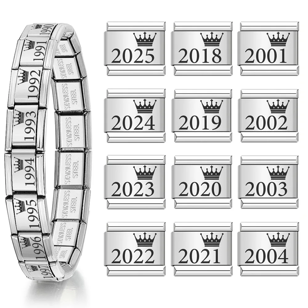 1pc Silber Farbe Italienischen Charme Link Fit 9mm Perlen Jahr Der Geburt Edelstahl Armband DIY Herstellung Von Schmuck geschenke Großhandel – Detail 1