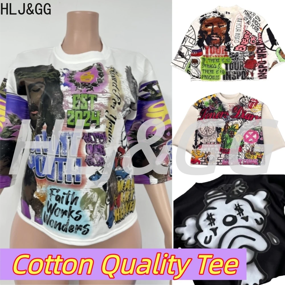 

HLJ&GG Y2K Trend American Retro Pattern Printing Tops Women Round Neck Short Sleeve Loose Tshirts Fashion Pullover Streetwear