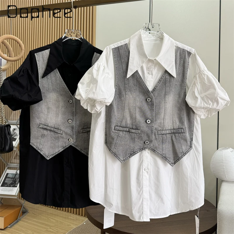 

Korean Temperament Fashion Short-sleeved Shirt Splicing Denim Fake Two-piece Women Top European Personalized Tops Oversized