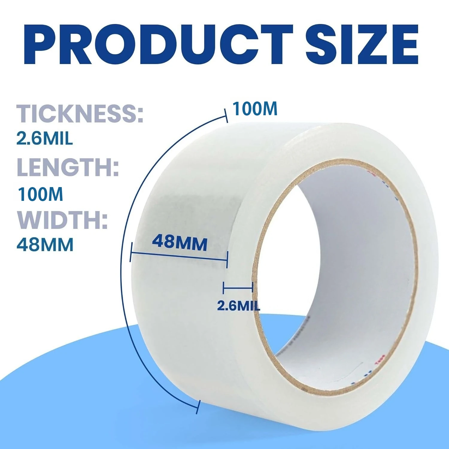 شريط تعبئة بدون ضوضاء 2.6 مل، 48 مم × 100 م، شريط تعبئة صامت عالي التحمل للتحريك والتخزين والتغليف