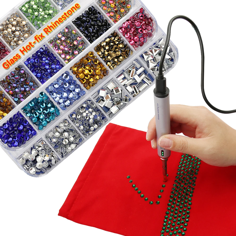 Kit de Ferramentas de Aplicação de Strass Termocolante com 12 Cores de Strass de Vidro e Caneta Aplicadora USB, Ideal para Presente