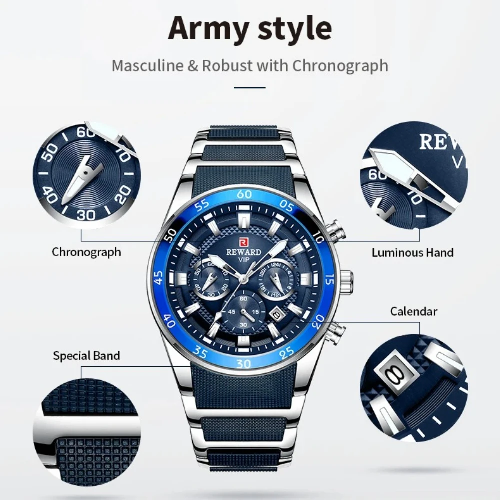 REWARD 81011 Men's Watch Luxury Blue Quartz Watch Men's Chronograph Automatic Date Waterproof Business Watches for Man Reloj