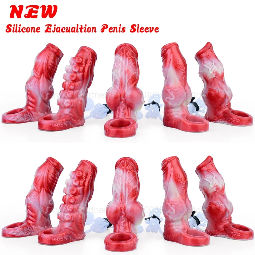 Silicone Dog Dildo Ejaculation Hollow Penis Sleeve Cock Enlargement Extender Penis Sleeve Squirting Sex Toys For Men Masturbator