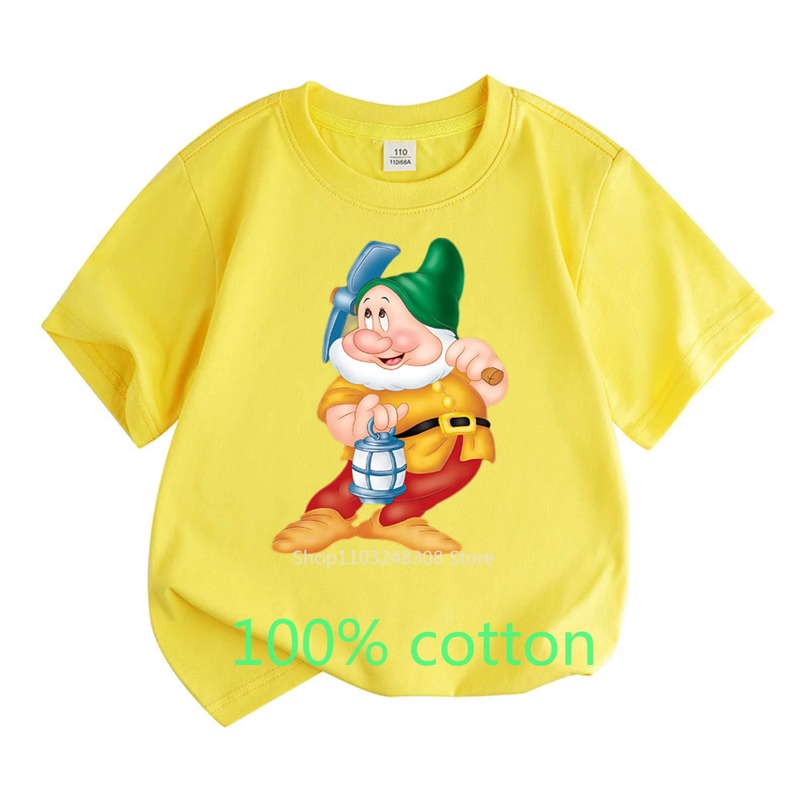 Summer Children\'s Clothes 100%Cotton T-shirt Boys Girls Kids Tops Dwarf Cartoon Round Neck Short-sleeved T-shirt Toddler 2-15Y