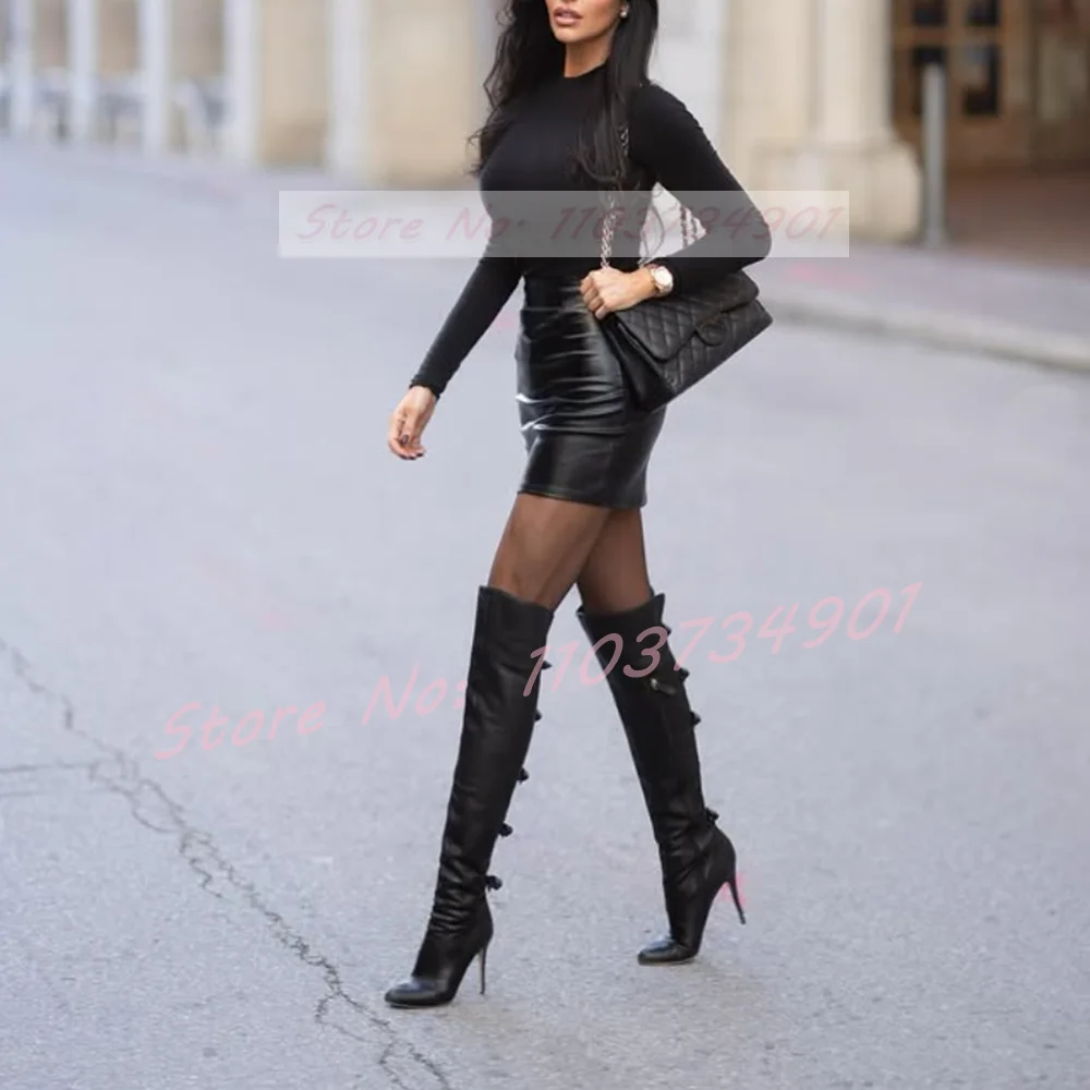 

Butterfly-Knot Slim Long Boots Female Leggy Pointy Toe Zipper Stiletto High Heels Crotch Boots Women Casual Sexy Party Boots