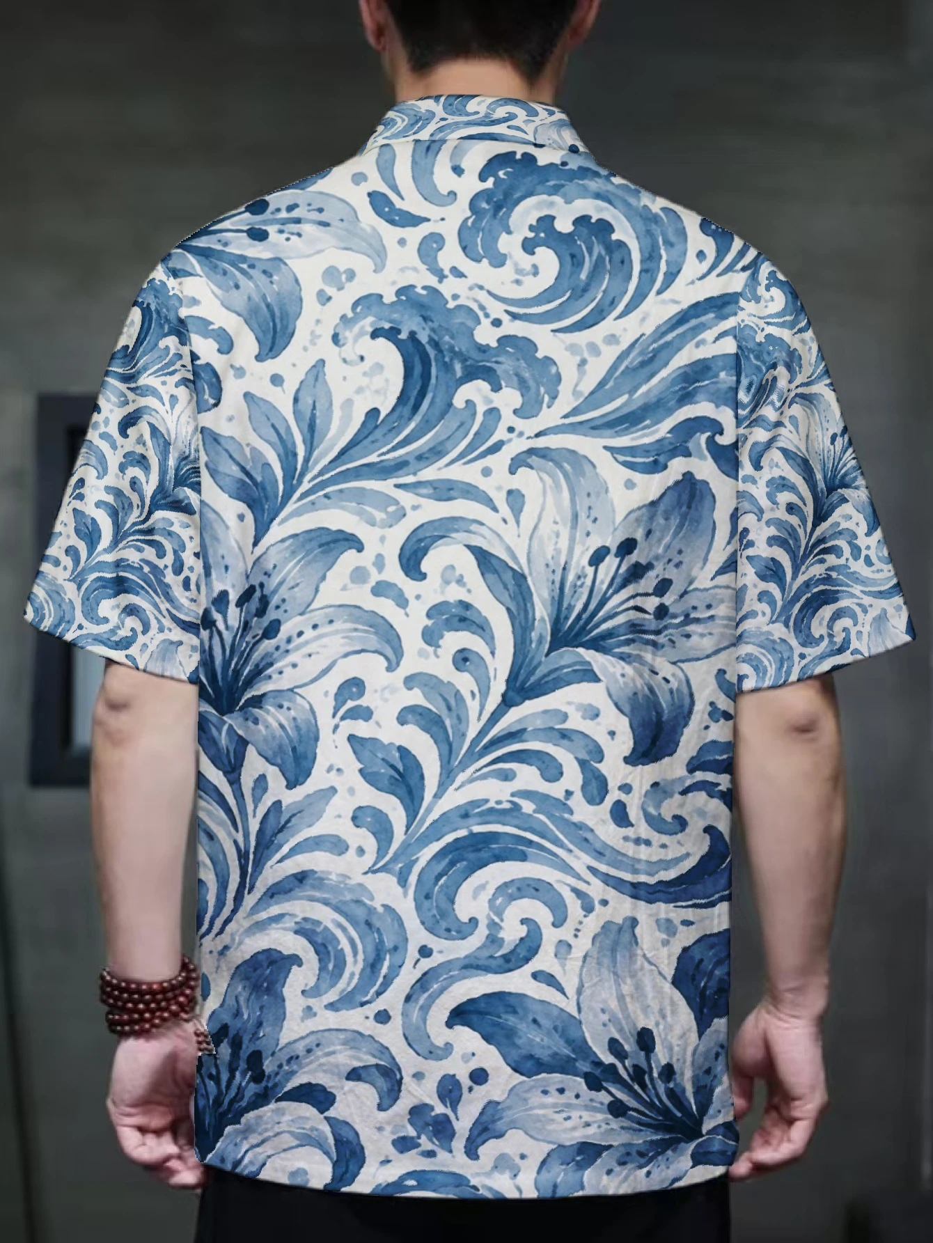 Men Artistic Watercolor Floral Wave Printed Mandarin Collar Top Frog Button Breathable Summer Travel Shirt