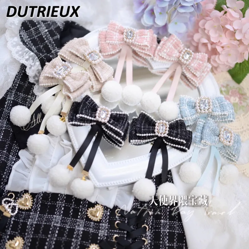 Sweet Girl Pearl Bow Hairball Hairpin Japanese Style Mass Production Cute Kawaii Lolita Hair Clips Accessories for Women