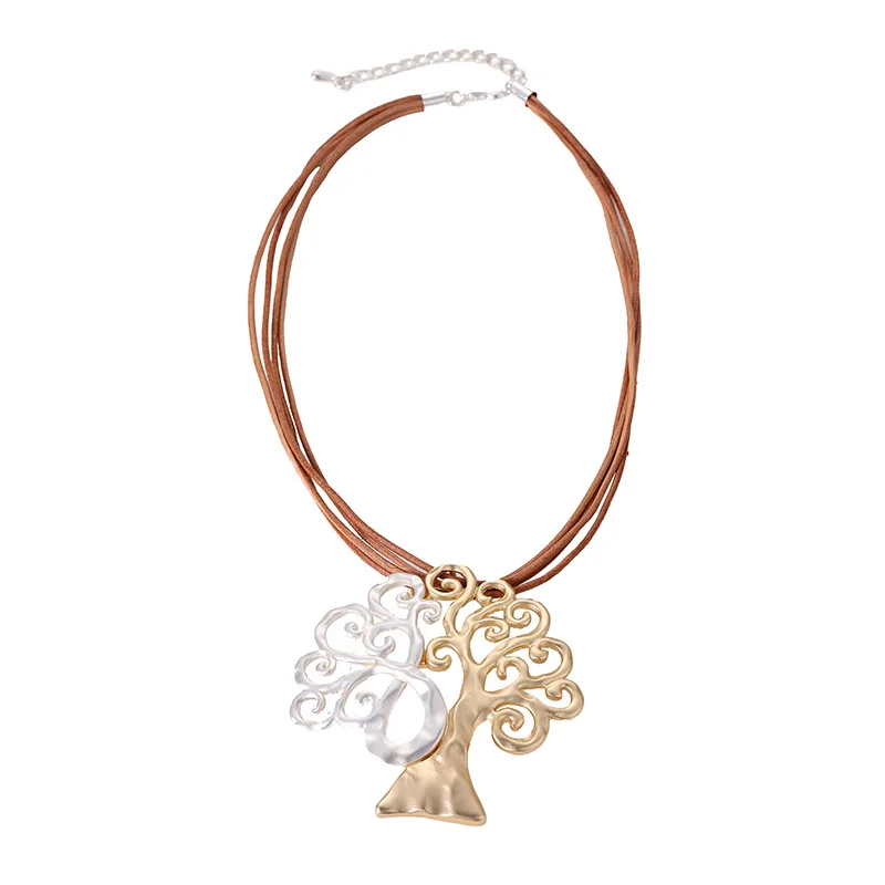 Two‑Tone Tree of Life Pendant Necklace Brown Leather Rope Chain Openwork Swirl Tree Charm Boho Long Neck Jewelry