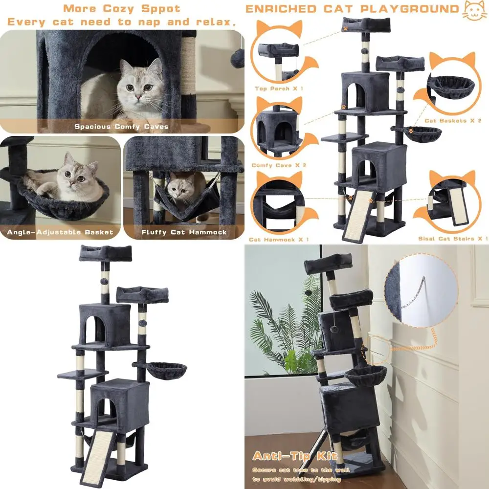 

70-Inch Multi-Level Cat Tower with Hammock, Scratching Post, Condo, and Playhouse, Large Gray Cat Activity Center