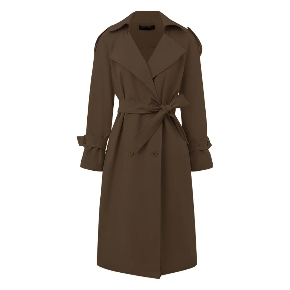 2024 Autumn Women\'s Polo collar Mid-length Jacket Buttons Lace-up Casual Stylish Trench Coat Everyday Commuter Outerwear