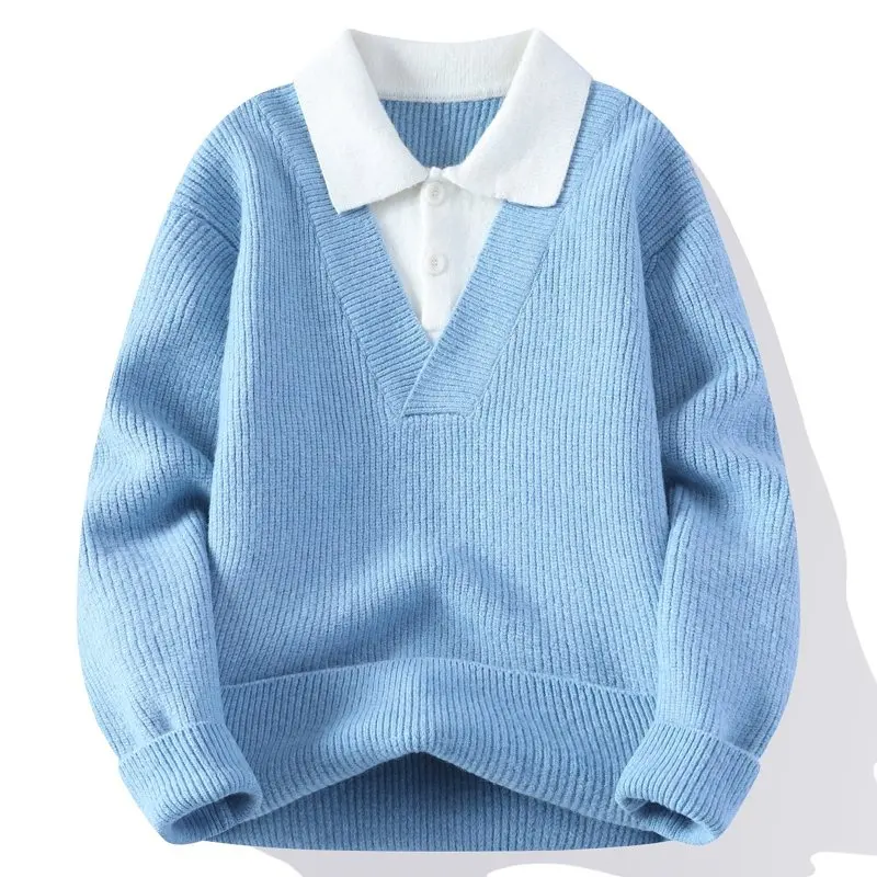 

American Retro Thiened Splicing Knitted Sweater Casual Loose Fit Turn-down Collar Fake Two-Piece Sle Men's Winter Faion