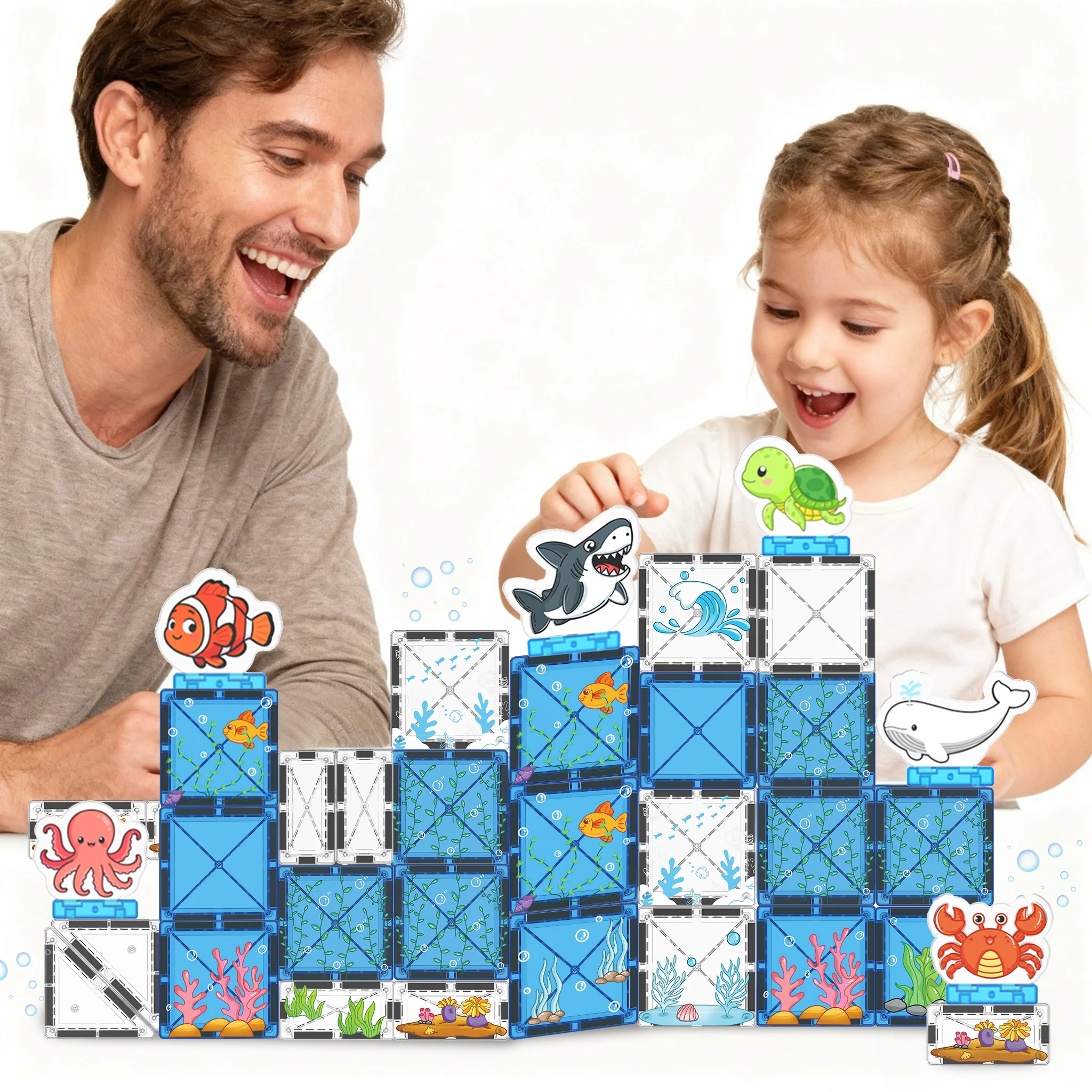 Magnetic building blocks for children, ocean animal scene, colorful geometric shapes, suitable for learning - Christmas gift