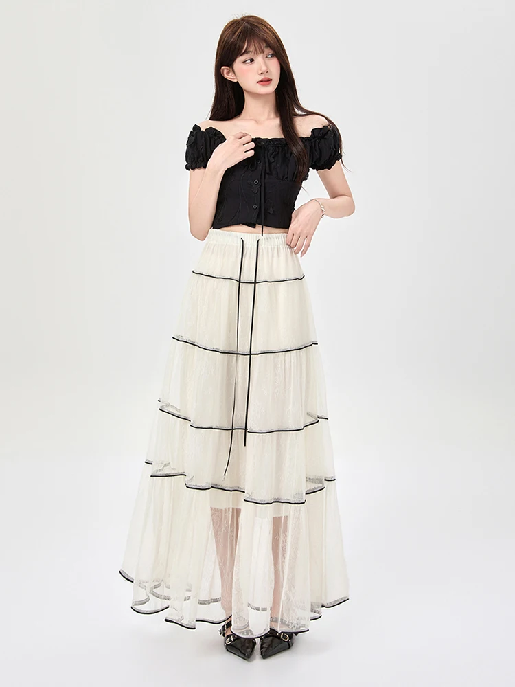 Women Skirt Summer French Romantic Contrast Piping Pleated Lace Tulle Tiered Midi High Waist A-Line Maxi Flare Faldas SK115
