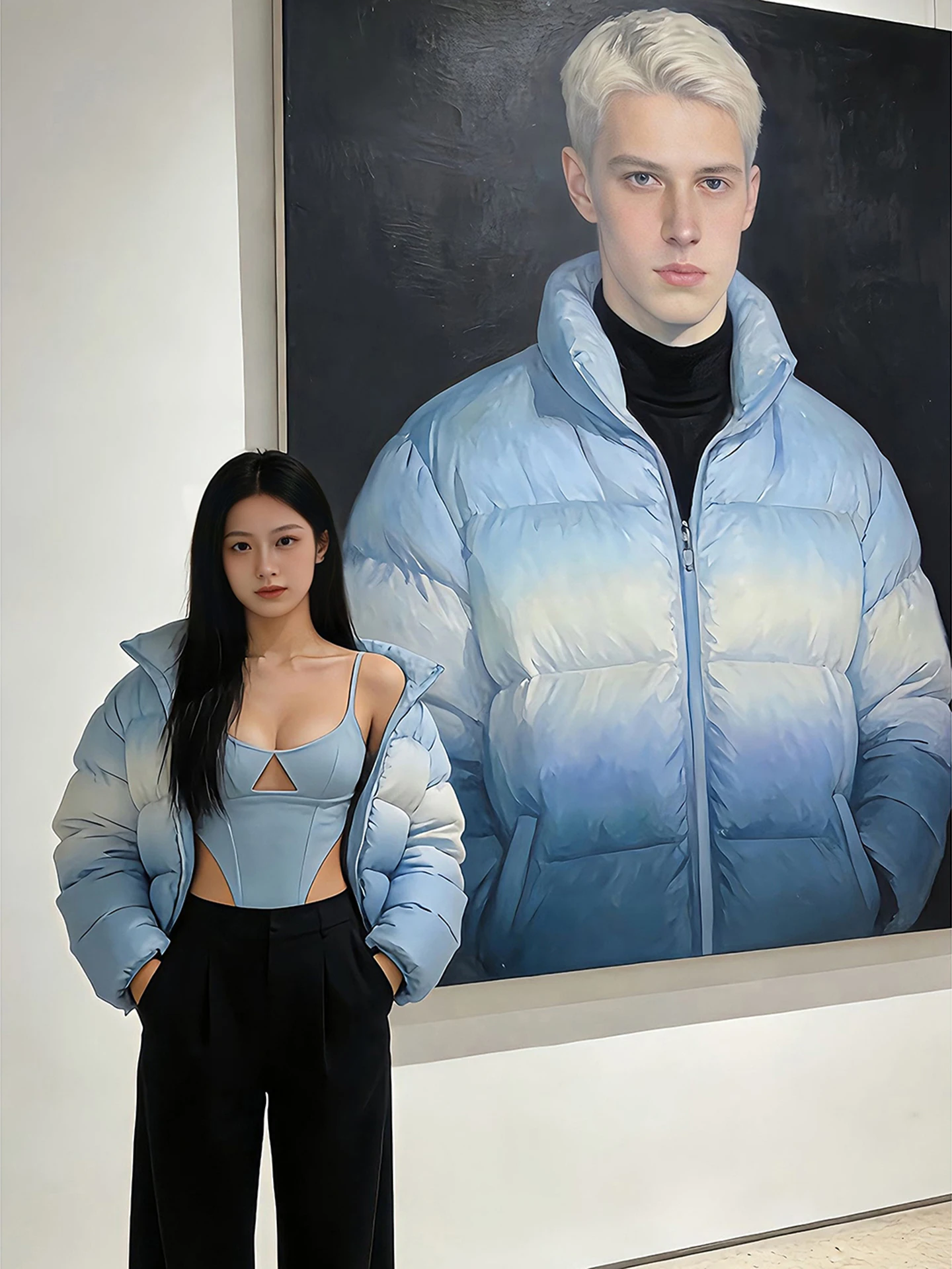 

ort Thiened Cotton Jaet Light Blue Stand Collar Men's Winter Warm Bread Sle Casual Loose Fit Faionable Coat