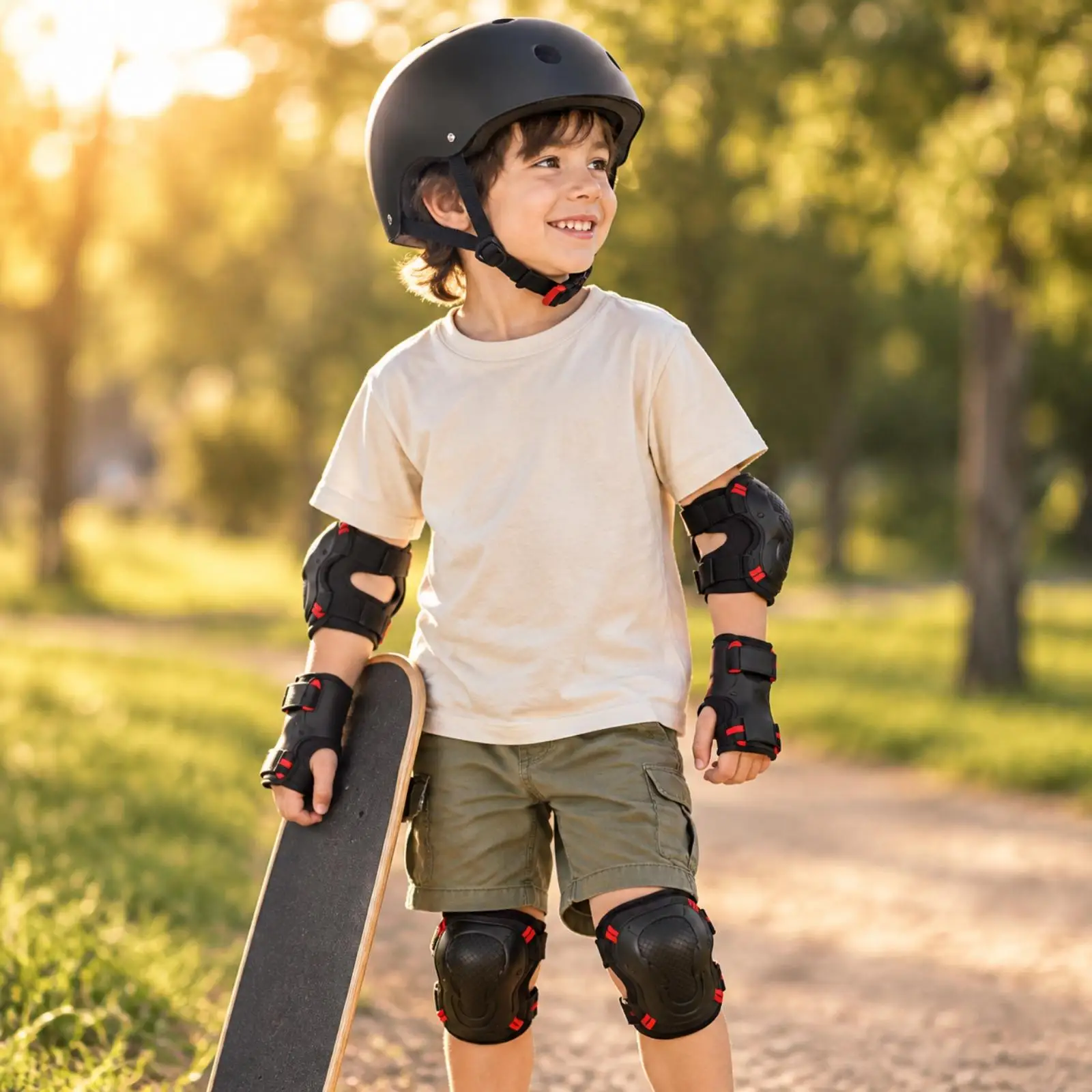 ABS Hard Shell Skate Helmet with Knee Pad Elbow Pad Wrist Guard Set for Skateboarding Biking Scooter Riding Safety