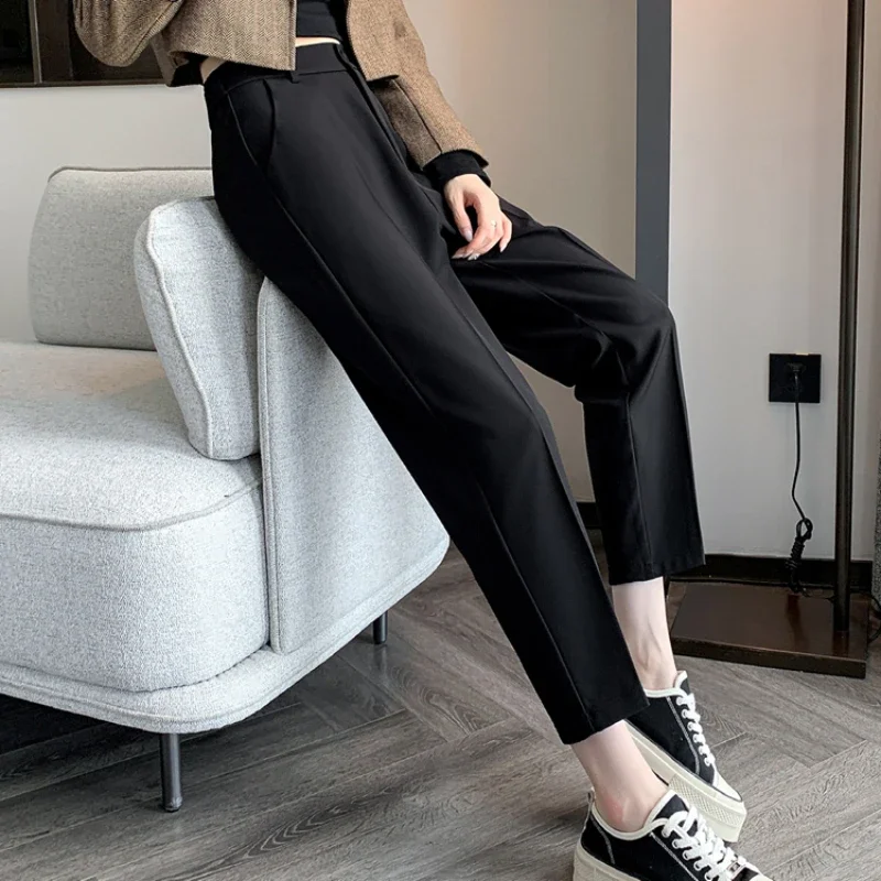 Women\'s High-Waisted Suit Pants 2024 Spring Summer Solid Button Casual Loose Ankle-Length Khaki Workwear Trousers Women