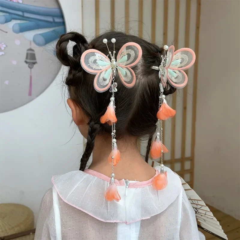 

New Girls' Chinese Style Butterfly Hair Clip, Hanfu Headwear, Children's Antique Style Hair Clip, Princess Ribbon Hair Accessory