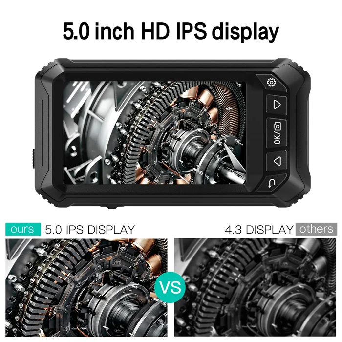 

New Handheld Industrial Car Endoscope Dual Lens 1080P 5inch Ips Screen 8mm 5M IP67 Inspection Endoscope Camera