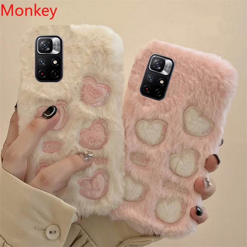 Korean Cute Love Heart Plush Warm Fluffy Phone Case For Xiaomi 12T 11T Redmi Note 12 11 10 9 S 11S 10S 9S 9T 10A 10C 9A 9C Cover