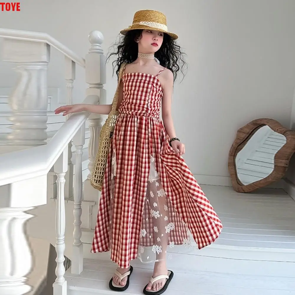 

Suspenders Children Plaid Dress Sleeveless Ruffled Kids Grid Long Dress Princess Red Girls Patchwork Skirt Kids Girls