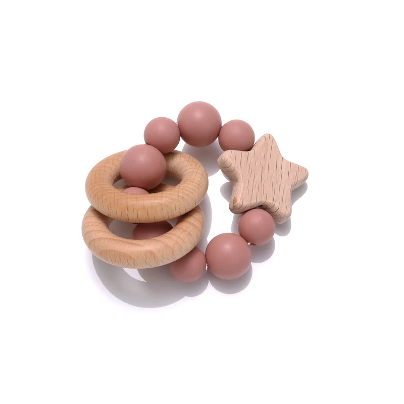 Baby Wooden Teether Bracelets Beech Wood Pentagram Crafts Ring Baby Silicone Beads Rattles Teething Ring Infant Nursing Toy