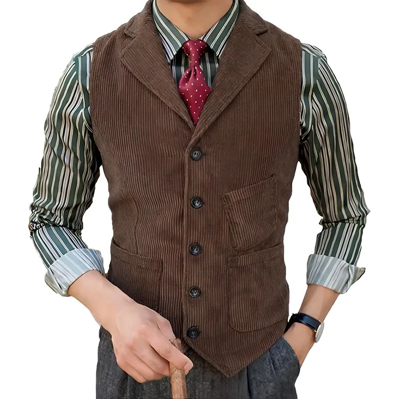 

Мужской винтажный вельветовый жилет с одной застежкой и отложным воротником для деловых встреч, свадеб и вечеринок