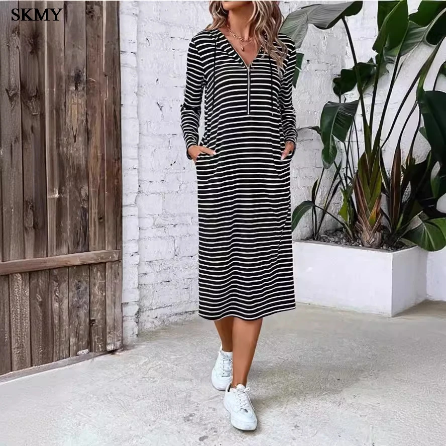 فستان SKMY 2024 نسائي ربيعي مخطط بقلنسوة بقصة ضيقة وأكمام طويلة D?ugie Suknie