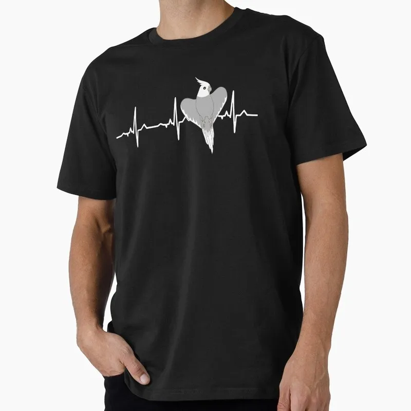 EKG Grey Cockatiel Heartbeat Funny Parrot Gift T-shirt for Birds Lover Short Sleeve Graphic Clothes All Size Tops Unisex Tee