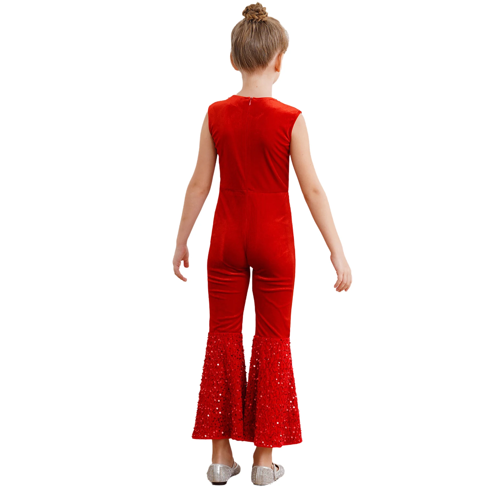 Kids Girls Miss Santa Disco Dance Stage Performance Costume Shiny Sleeveless Bell Bottom One Piece Jumpsuits for Christmas