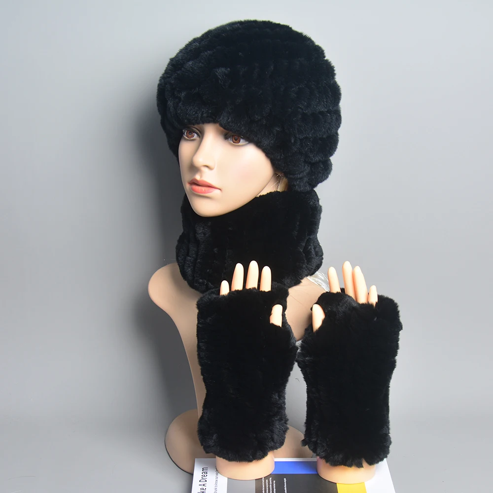 Winter Women Quality Real Fur Scarf Hat Glove Sets Real Rex Rabbit Fur Knitted Beanies Hat Real Fur Scarf Rex Rabbit Fur Mitten