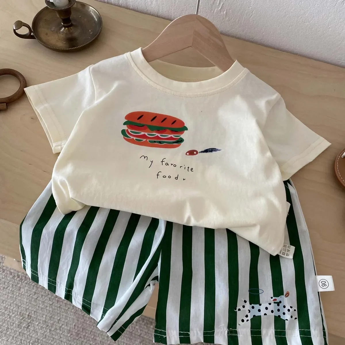 Boys' Summer Thin Hamburger Print Set, Korean Version Short Sleeved Top, Striped Shorts Two-piece Set for Infants and Girls