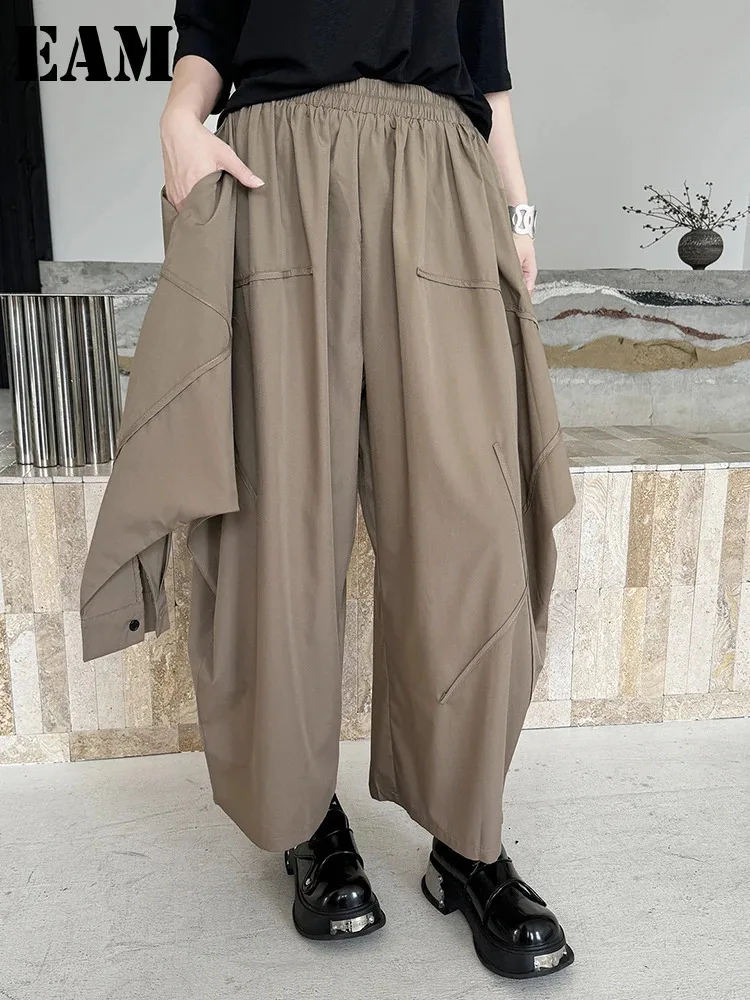 

[EAM] High Elastic Waist Khaki Irregular Spliced Long Widde Leg Pants New Trousers Women Fashion Tide Spring Autumn 2024 1DH6282