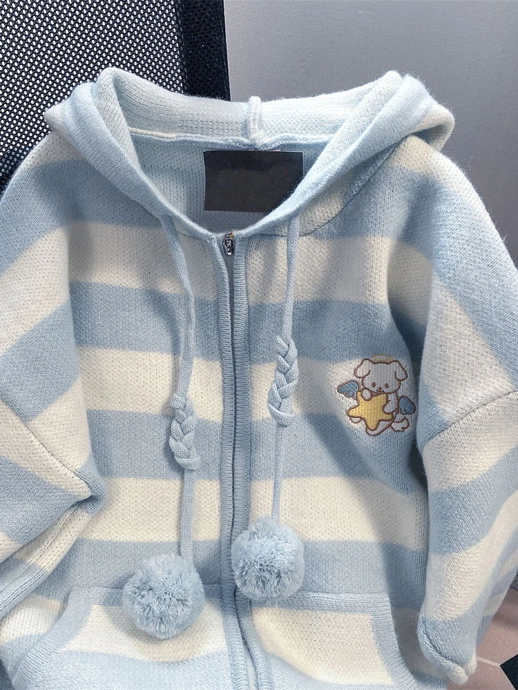 เสื้อคลุมคาร์ดิแกนลายการ์ตูน Zoki แบบมีฮู้ดสำหรับผู้หญิง ทรงหลวม น่ารัก แขนยาว เสื้อถักนิตติ้งสไตล์หวานๆ แนว Preppy สำหรับผู้หญิง สไตล์ Kawaii วินเทจ