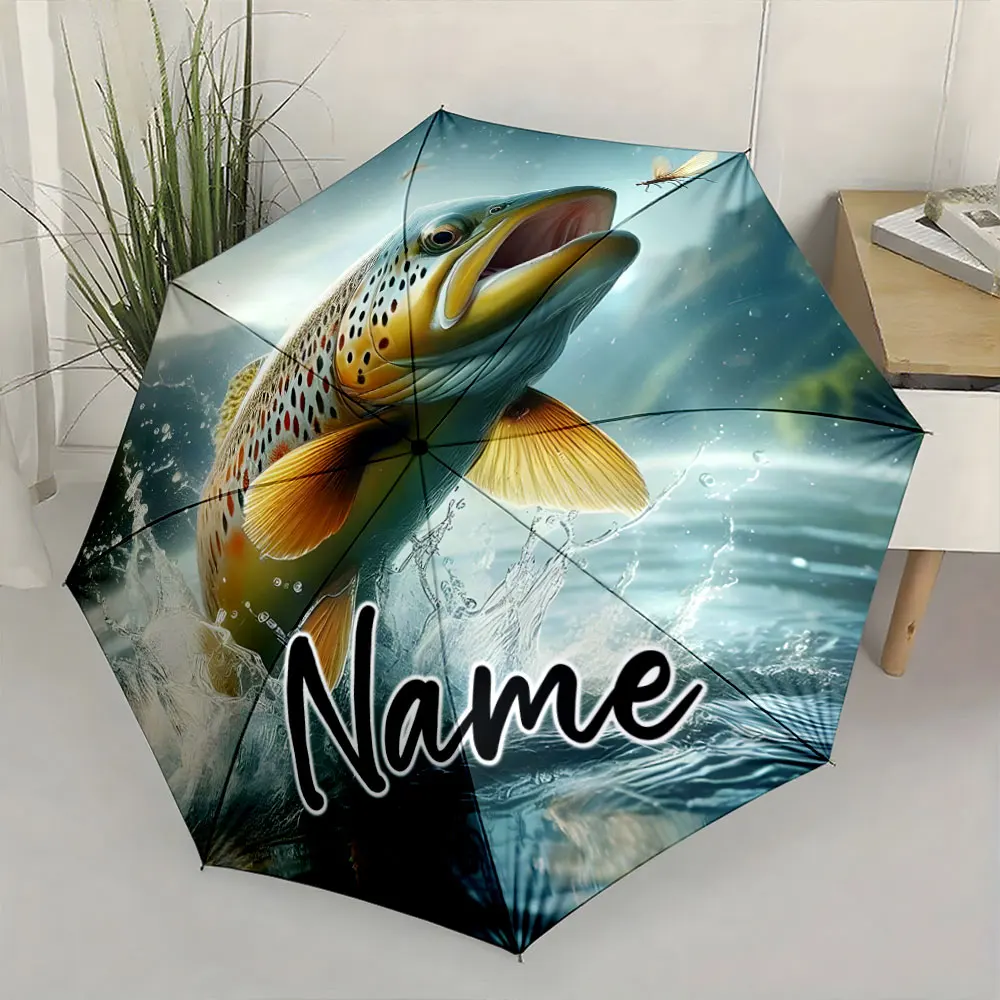 Custom Name Creative Fish Design Umbrella for Outdoor Use 8 Iron Ribs Folding Umbrella Auto-Open Fashionable Sunshade for Gift
